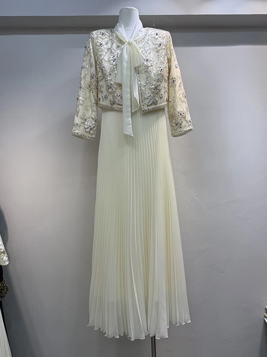 VGH หรูหรา 2 ชิ้นชุดผู้หญิง O คอสั้นเสื้อสเวตเตอร์ถัก Spliced เย็บปักถักร้อยผ้าพันคอ Maxi ชุด Office Lady ชุดหญิงใหม่