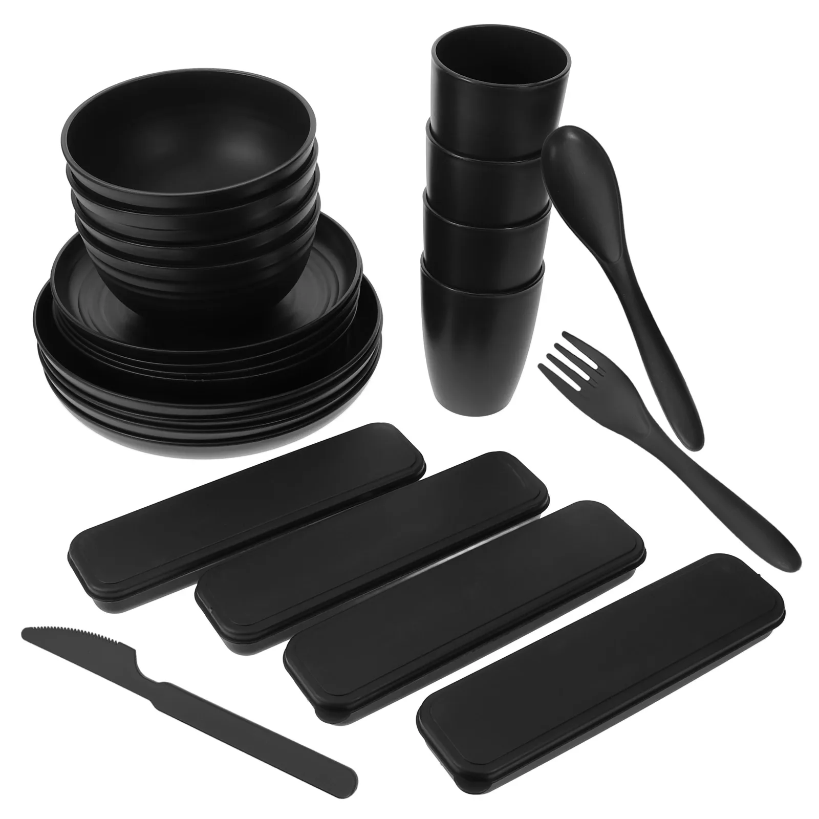 

4Sets Black Tableware Set Smooth Reusable Bowl for Noodles Soup Porridge Camping Hiking Bbq Travel Utensils with Case