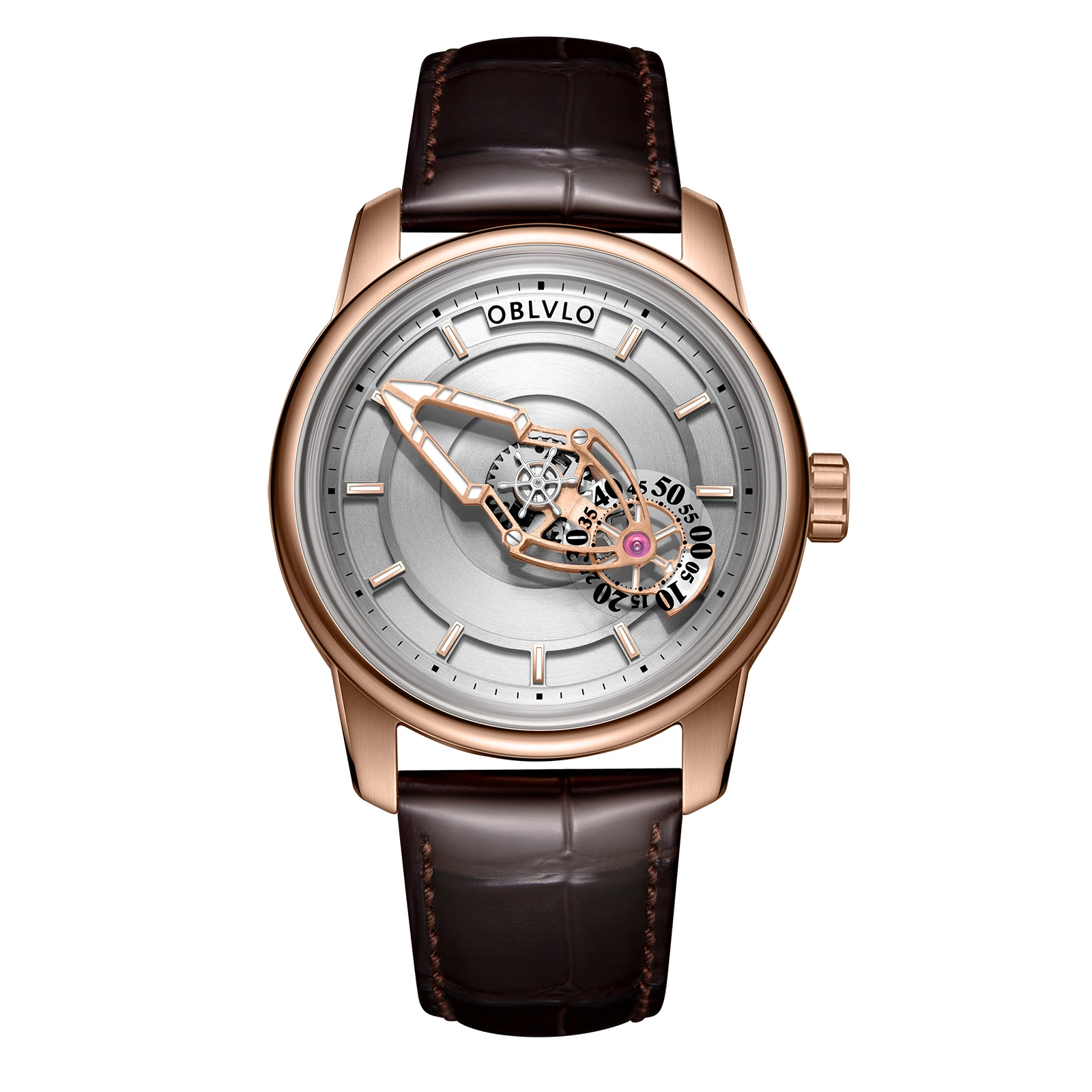 OBLVLO ساعة أوتوماتيكية للرجال 42 مللي متر ساعة اليد الميكانيكية مقاوم للماء الياقوت دوران مضيئة الطلب الصغير أيدي المركبة الفضائية الفريدة