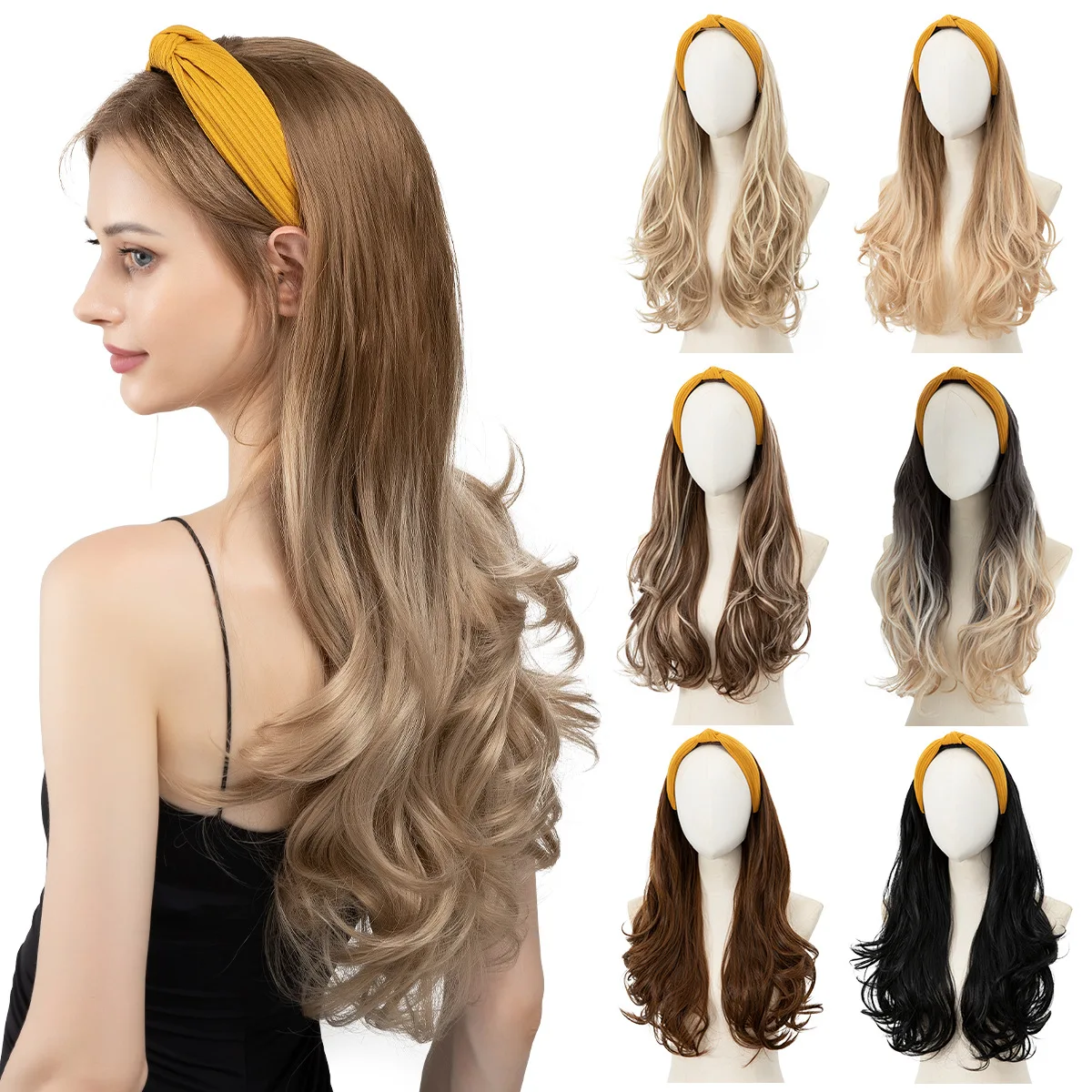 

Women's Hair Hoop Half Headgear Light Brown Large Wave Synthetic Wig | Reissue Long Curly Wig