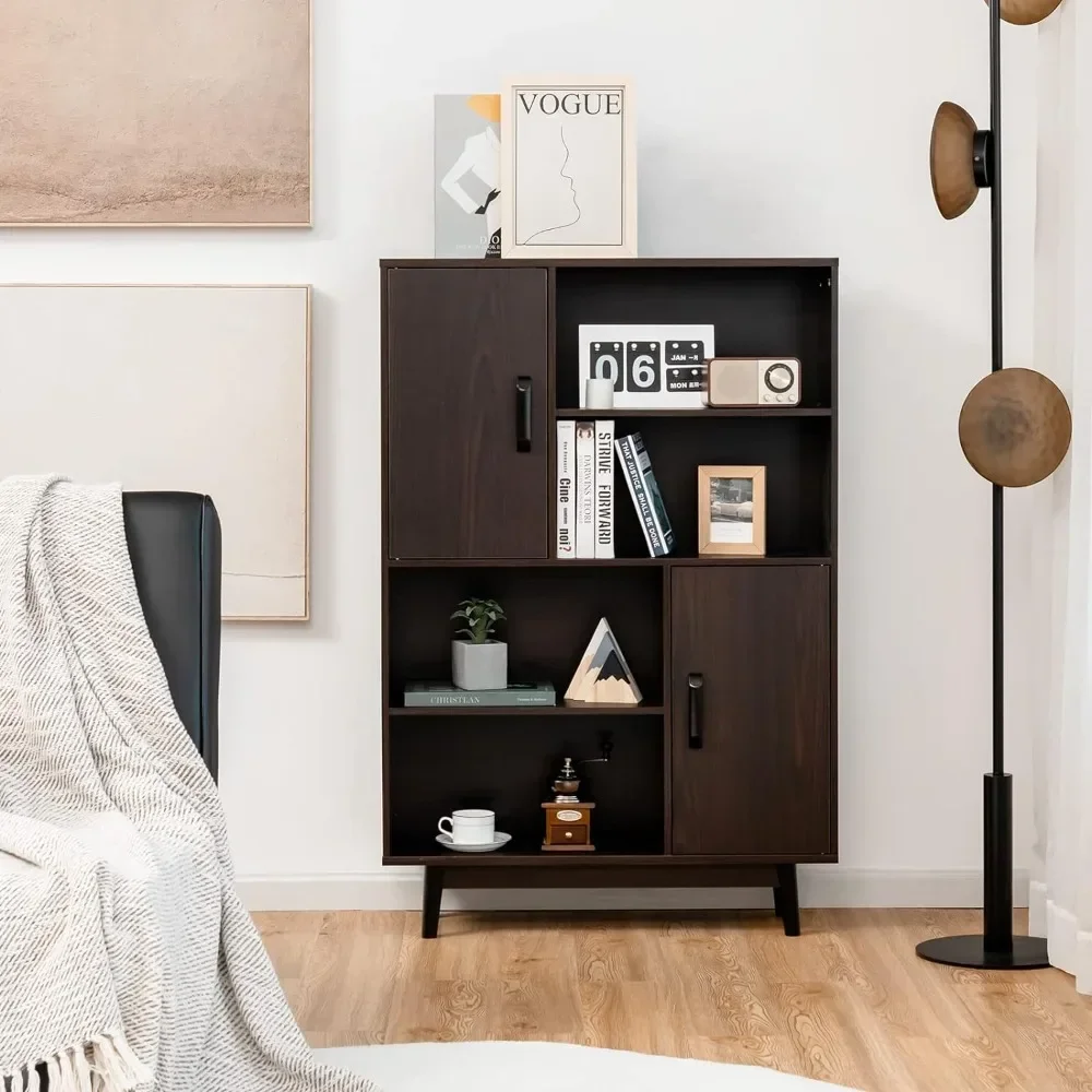 Storage Cabinet with Legs, Floor Cabinet with Doors, Shelves, Anti-Tipping Device, 4-Tier Bookshelf for Books & Photos, Cupboard