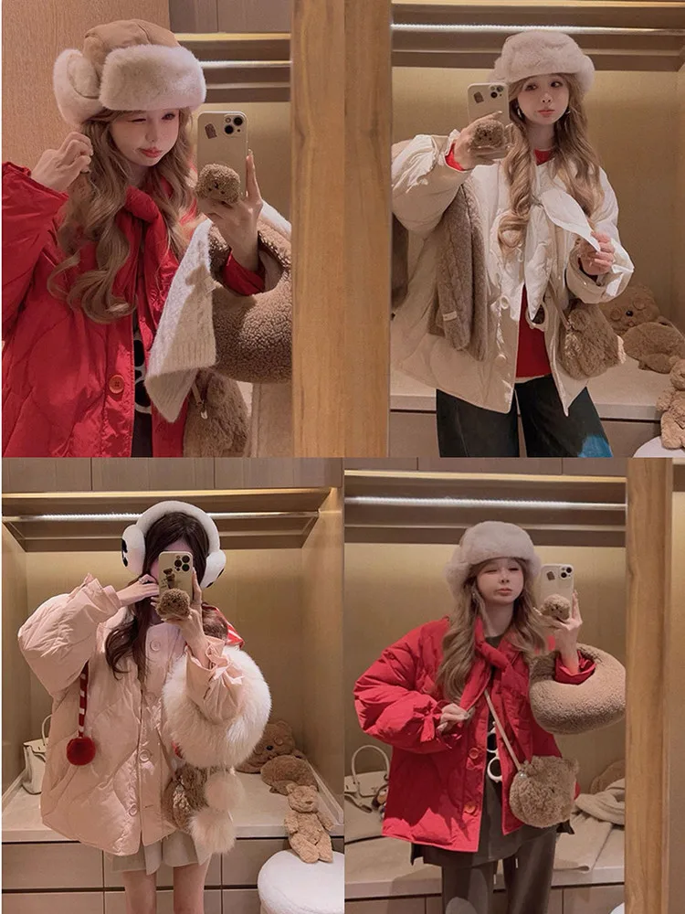 

Yukiss 90 White Du down Puffer Jaet Women's Winter Loose Outerwear with Detachable Hood Rhombus Pattern Casual Sle