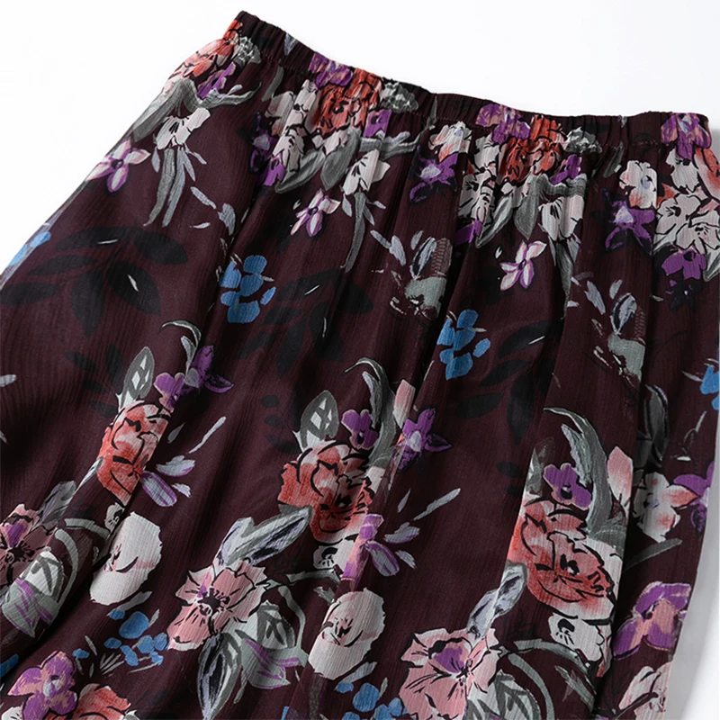 Women Silk Skirt 100% Mulberry Silk Purple Floral Printed Long Type Skirt With Lining Summer Beach Big Hem M1204