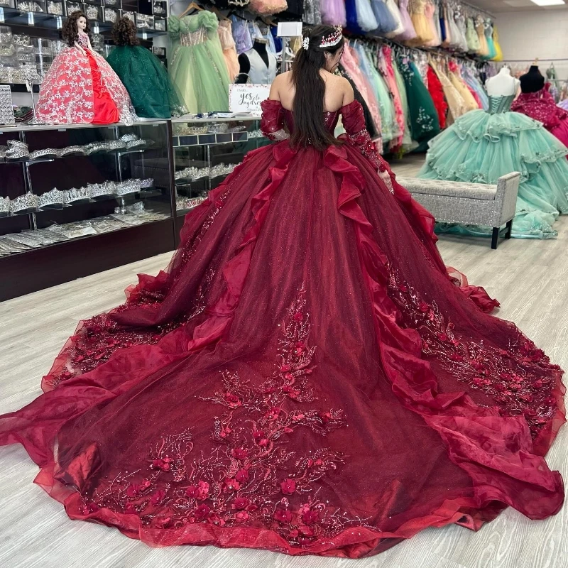 

Customized Burgundy Quinceanera Dress Ball Gown 3D Floral Applique Beads Ruffles Corset Sweet 16 Vestido De 15 Anos YQD532