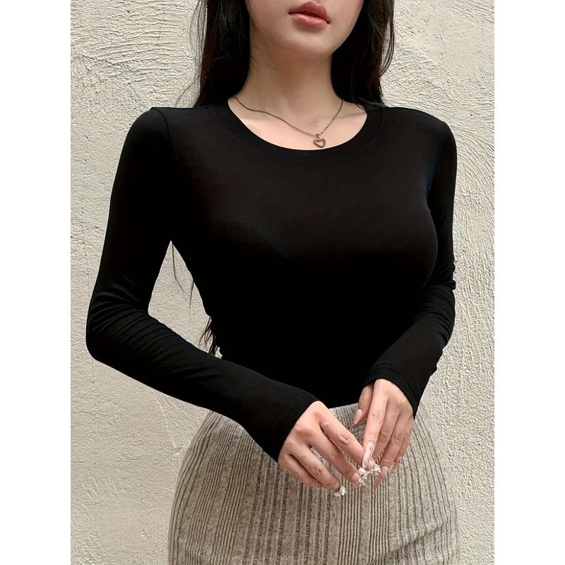 Women'S Elegant Long Sleeve Crop Top - High Stretch Black Turtleneck with Ruched Detail, Slim Fit, Round Neck, Perfect for Fall