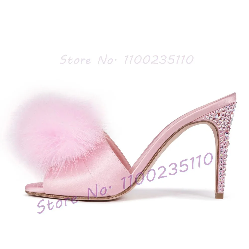 Pink Pom Poms Crystal High Heels Slippers Women Sweet Open Toe Satin Stilettos Ladies Summer Lovely Shiny High Heels Fur Mules view 2