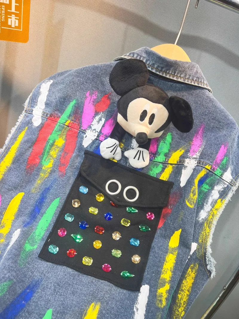 Popular Design Cartoon Beaded Sequins Graffiti Heavy Industry Denim Jacket Medium And Long New Autumn Loose Top Sleeveless Vest