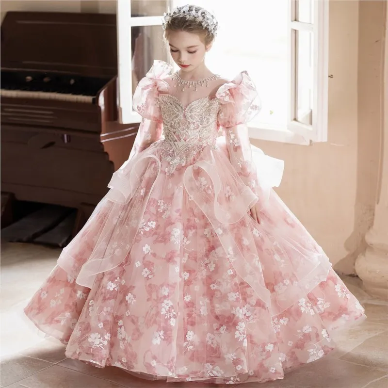 Girls' Spring/Autumn Long sleeved Evening Dress Children's Breathable Birthday Princess Dress Kids' Pink Piano Performance LJ680