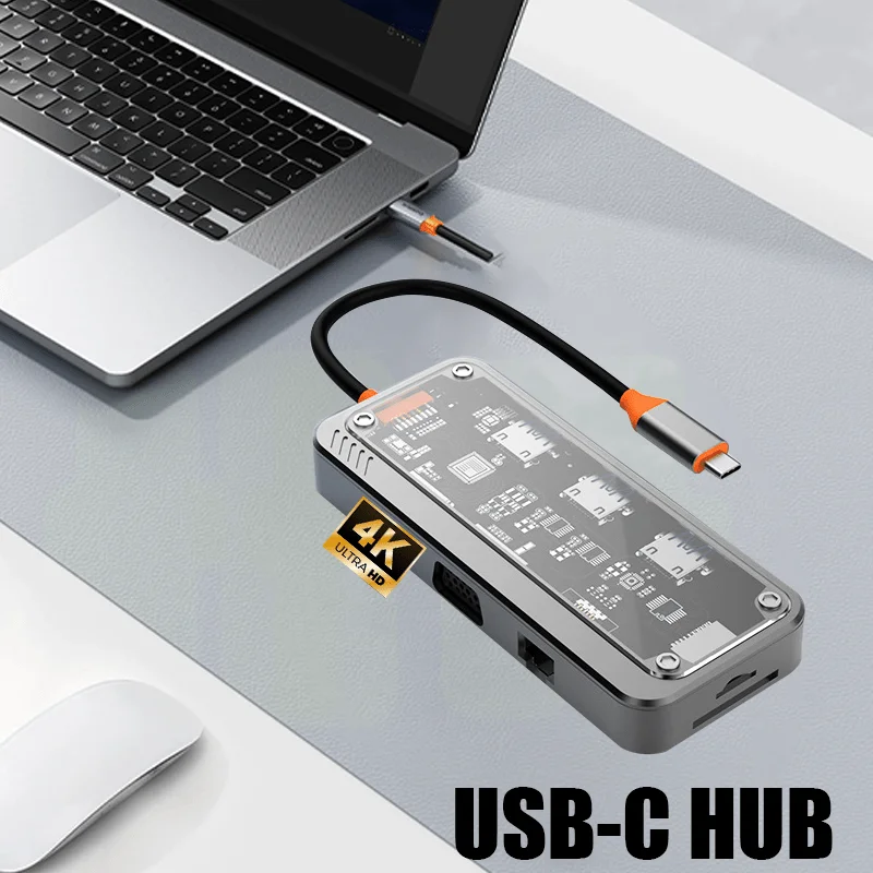 USB-C-Hub Typ C zu HDMI-kompatibler Adapter RJ45 SD/TF-Kartenleser-Hub 100W PD-Schnellladung für MacBook Laptop USB-C-Hub