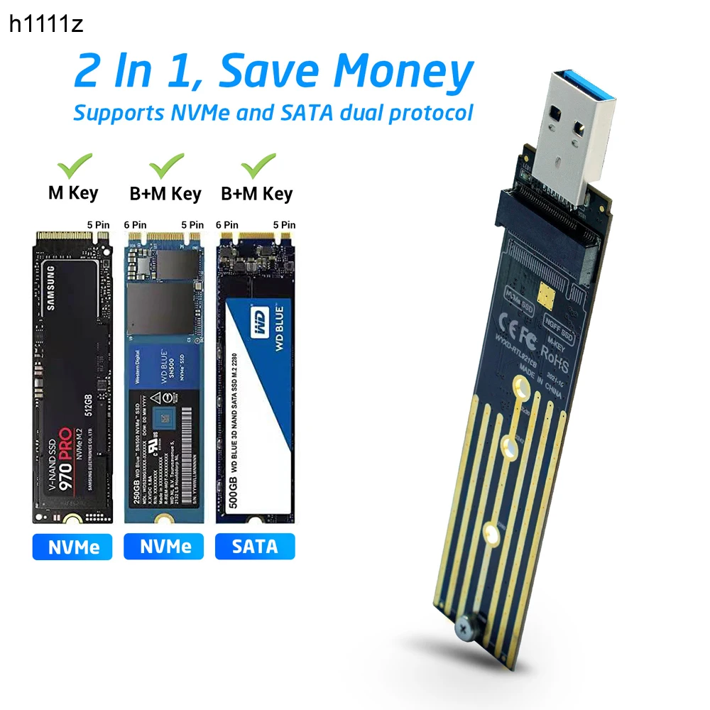 Карта M.2 NVME PCIe NGFF SATA M2 с двумя протоколами SSD Поддержка 2230 2242 2260 2280 NVME/SATA M2 SSD RTL9210B Адаптер M.2-USB