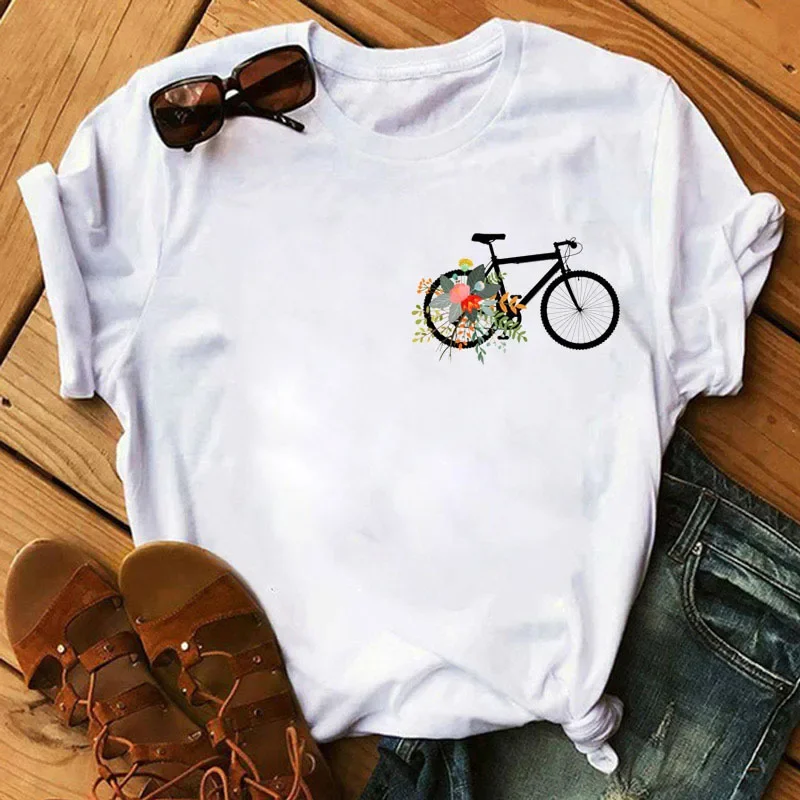 Spring Summer Ladies Floral Bicycle Pattern Fashion Cartoon Print White Letter T-shirt Woman Clothes  Oversized T Shirt Tops Tee