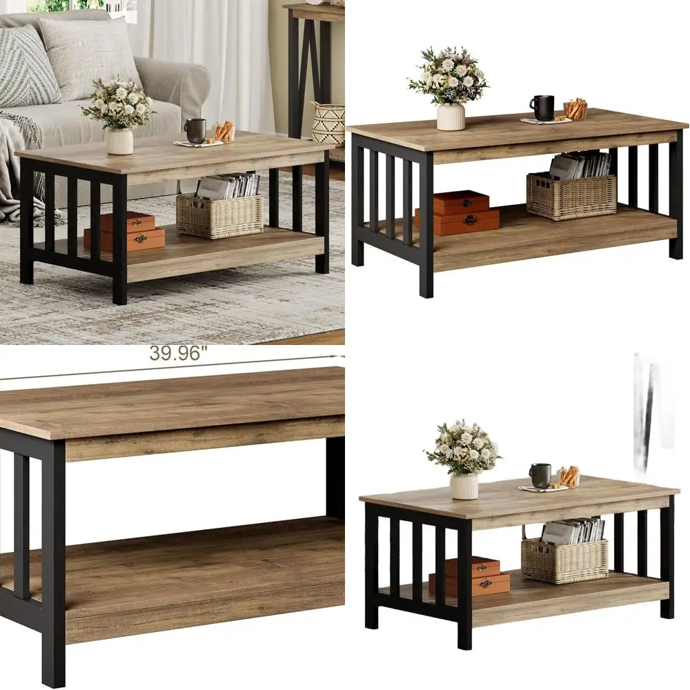 

Rustic Oak and Black Farmhouse Style Coffee Table with Shelf for Living Room, 40 Inches