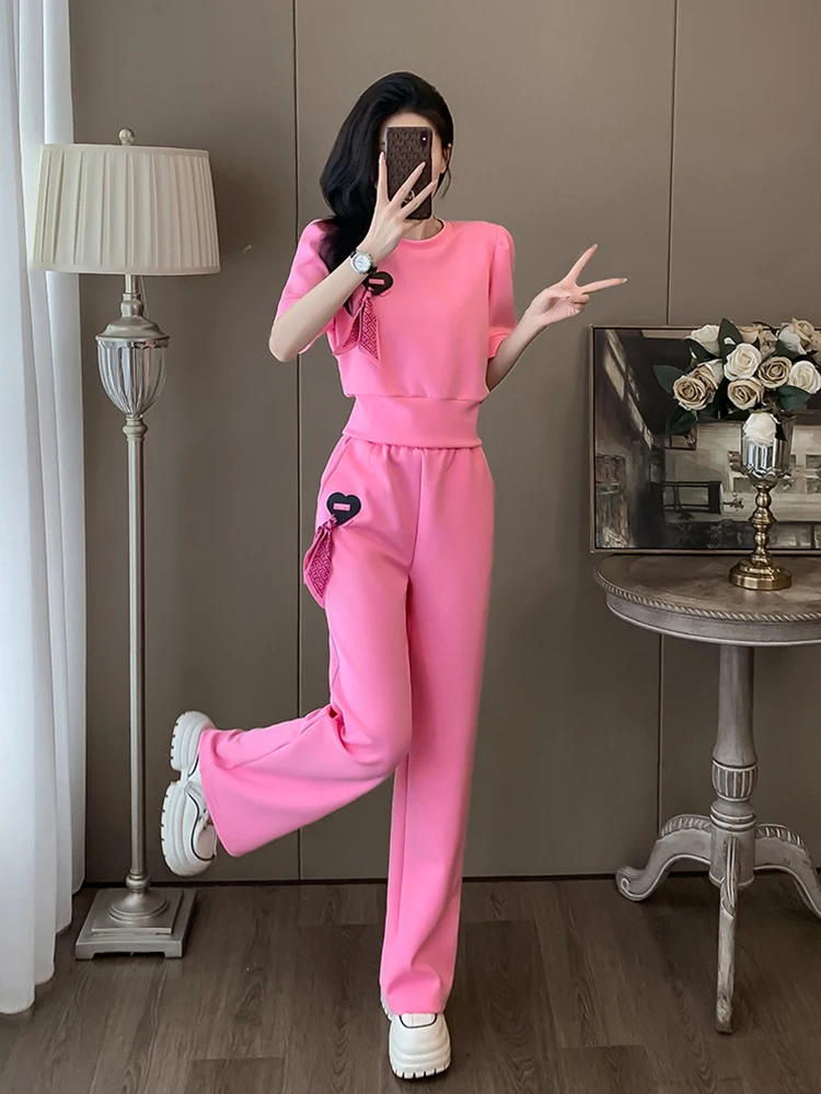 Short Sleeved Pants 2 Piece Sets Women Outfit Conjuntos Para Mujeres 2 Piezas Summer Pink Casual Wide Leg Trousers Track Suits