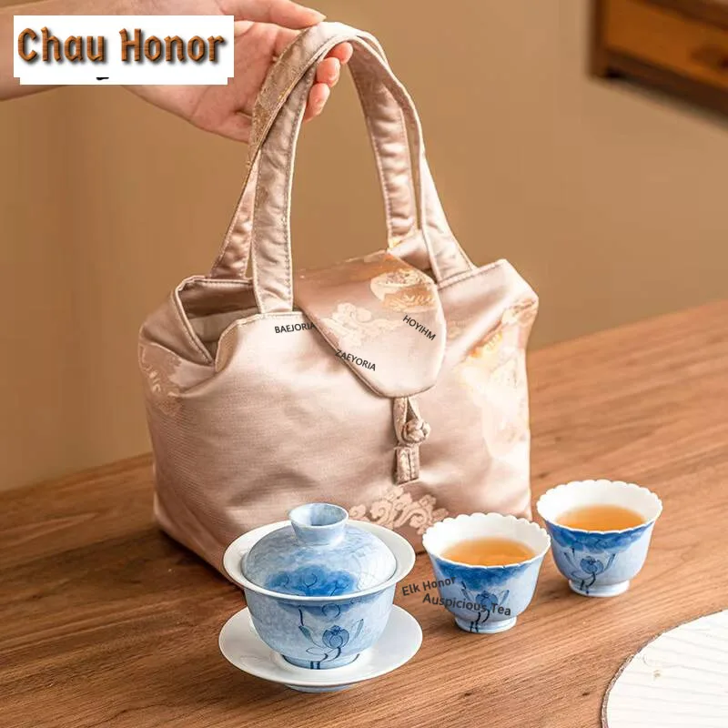 Hand-painted Lotus art Gaiwan Tea Set Kit Antique Teapot and Tea Cup Set 1 Pot 2 Cups Tea Maker Outdoor Portable Organizer Bag view 4