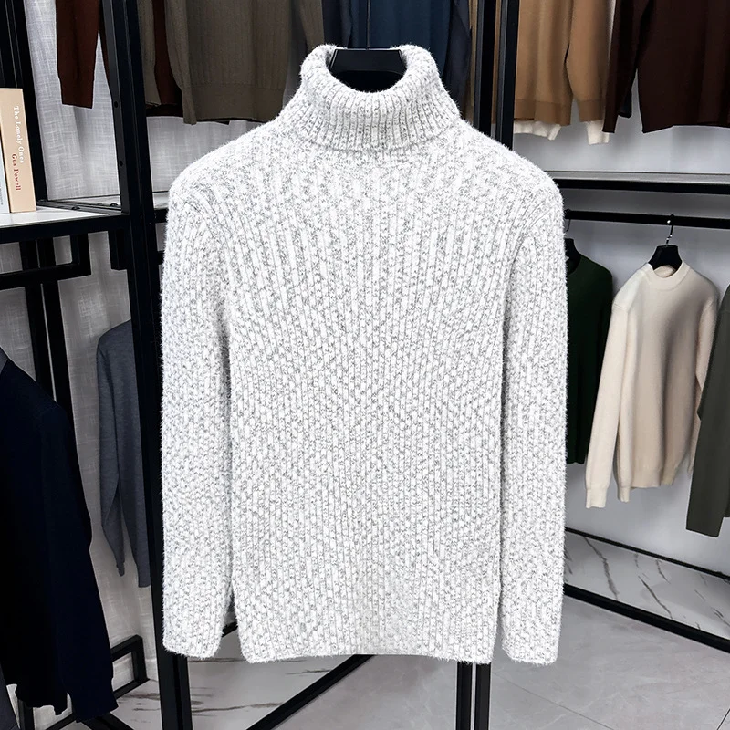 

New Autumn Winter Warm Turtleneck Wool Blend Fleece Lined Fashion Thickened Knitwear Men Loose Pullover Sweater