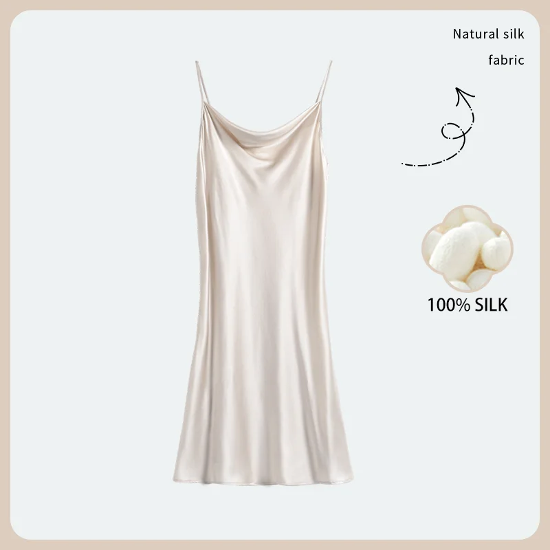 

Summer 100% Real Silk Nightgown Women Champagne Spaghetti Strap Silk Nightdress Women Sleepwear Sexy Cowl Neck Nightwear