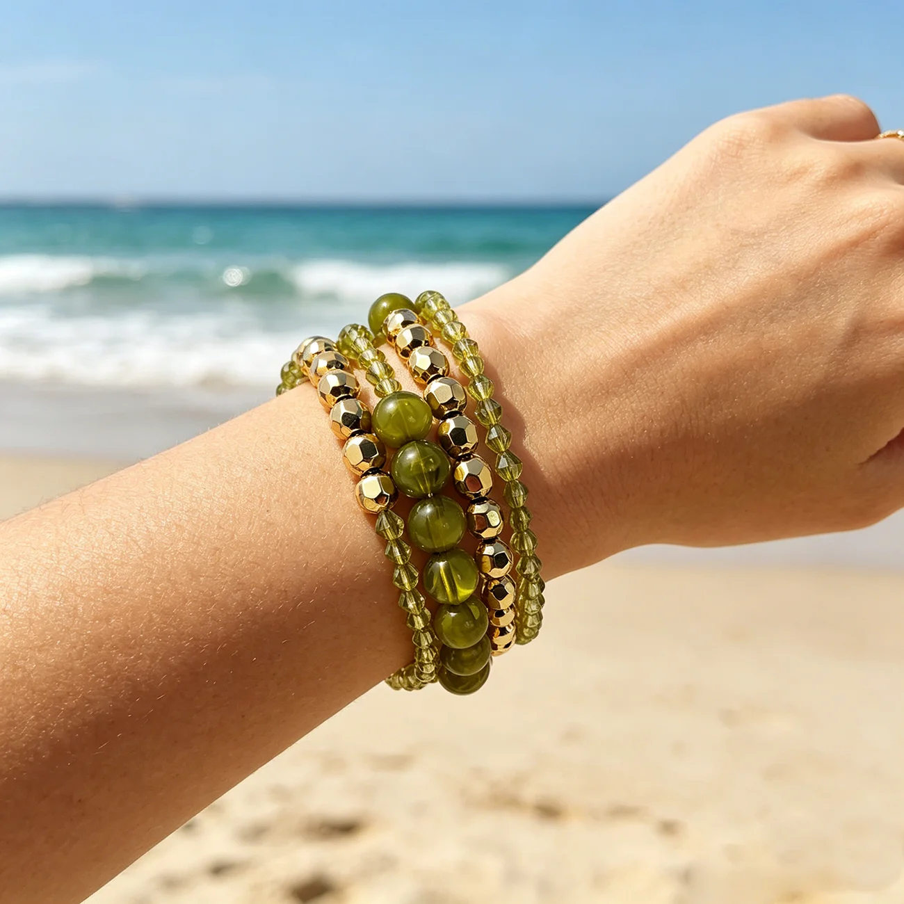 

4-Layer Olive Green Acrylic Golden Bead Coil Bracelet Stackable Boho Elastic Wrist Jewelry for Women