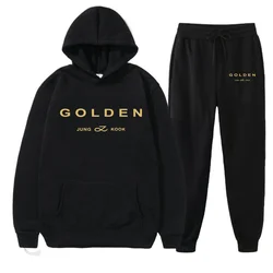 2024New Jungkook Kpop Mens Tracksuit Sports Hoodies Set Golden Album Merch Hooded Sweatshirts and Elastic Sweatpants Fashion Set