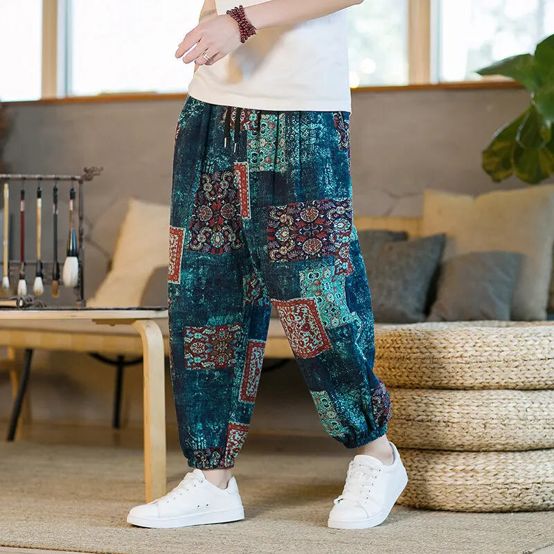 2025 Summer Casual Cotton Linen Men's Pants Loose Wide Leg Harlan Style Flower Print Loose Fit Comfortable Big Size Trousers