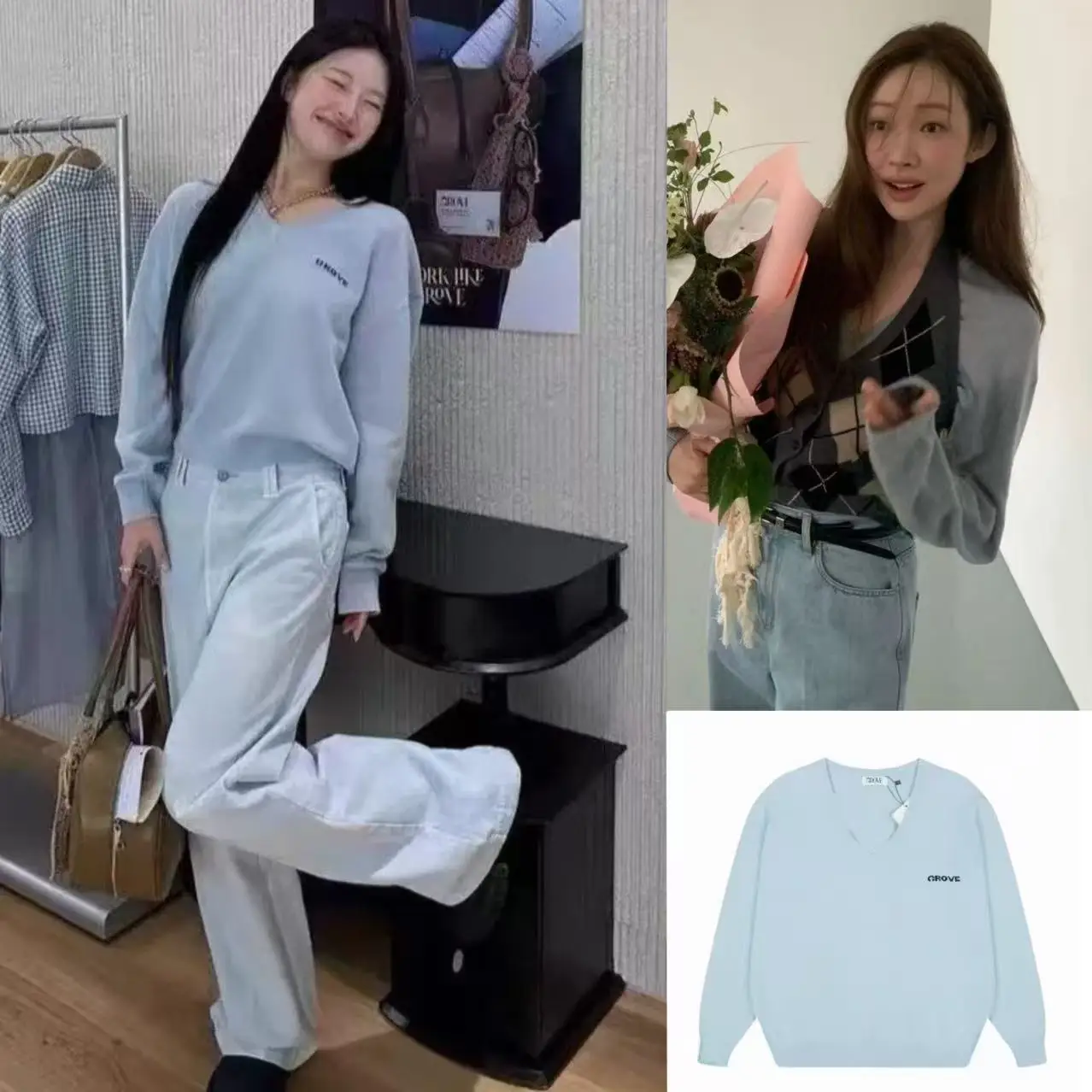 

Loose V-ne Letter Embroidery Knitwear Versatile Casual Sle Women's Pullover Sweater Autumn Winter Faion Ladies' Clothing