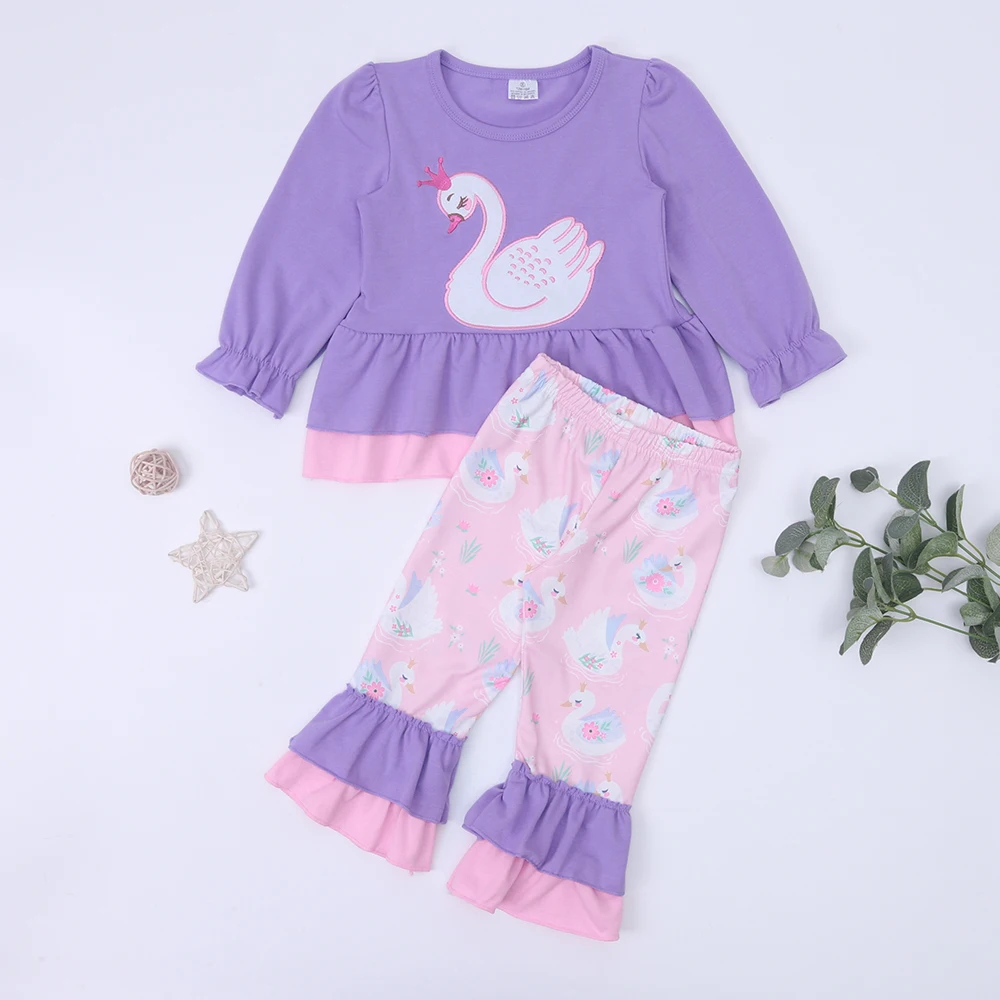 

Toddler Suit Baby Girl Purple Clothes Set 2pcs Cotton Swan Embroidery Bodysuit Long Sleeve Outfits Printing Pants For 1-8T Babi