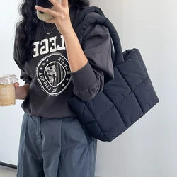 New Down Tote Bag for Women Large Capacity Cloud Handbag Korean Winter Cotton Jacket Checkered Single Nylon Shoulder Bag