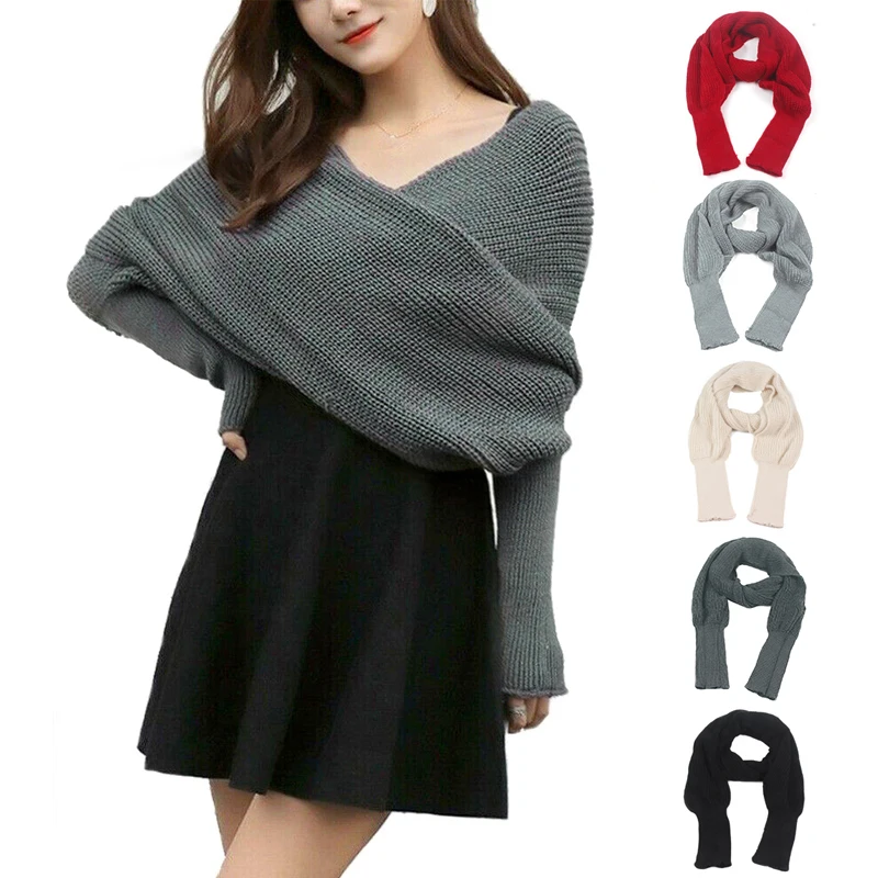 Knitted Shawl With Long Sleeves Elegant Solid Color Wrap Scarf Soft Warm Short Top Autumn Winter Coldproof Knit Shawl Scarves