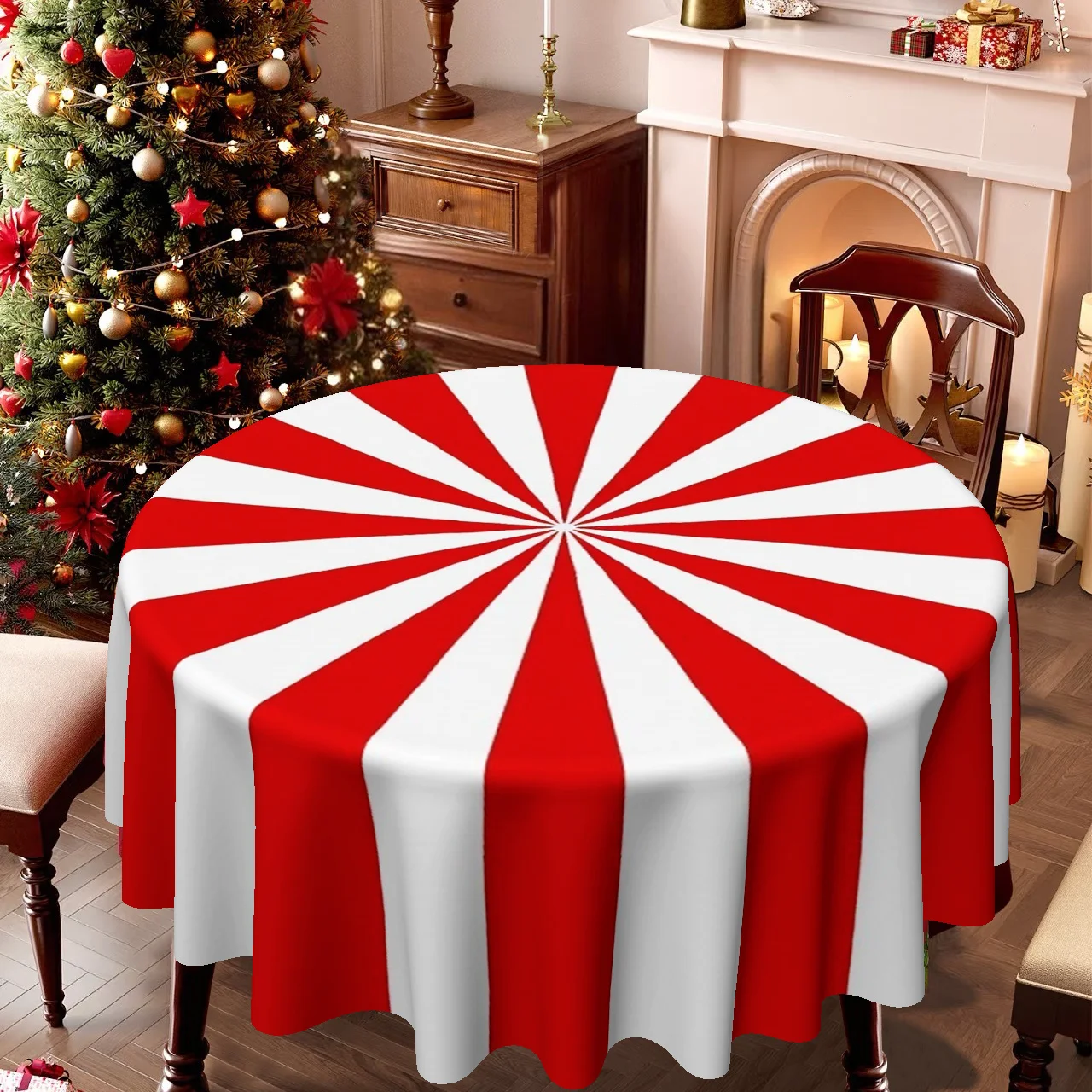 1tablecloth, Christmas-themed, festive-style red and white striped trail tablecloth, suitable for home kitchens and dining rooms