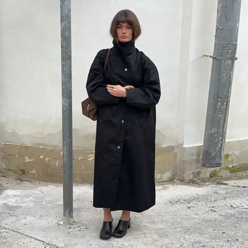 Damen Lange Jacken mit Stehkragen, Einreihige Oversize-Trenchcoats, Street-Style Damenmantel mit Langen Ärmeln, Einfarbig und Locker Geschnitten, Neue Oberbekleidung – Detail 36
