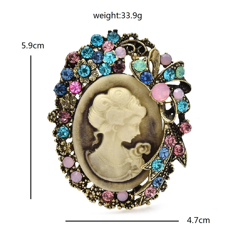 Wuli&baby Sparking Lady Figure Brooches Pins For Women Vintage Multicolor Rhinestone Girl Round Badge Brooch Gifts