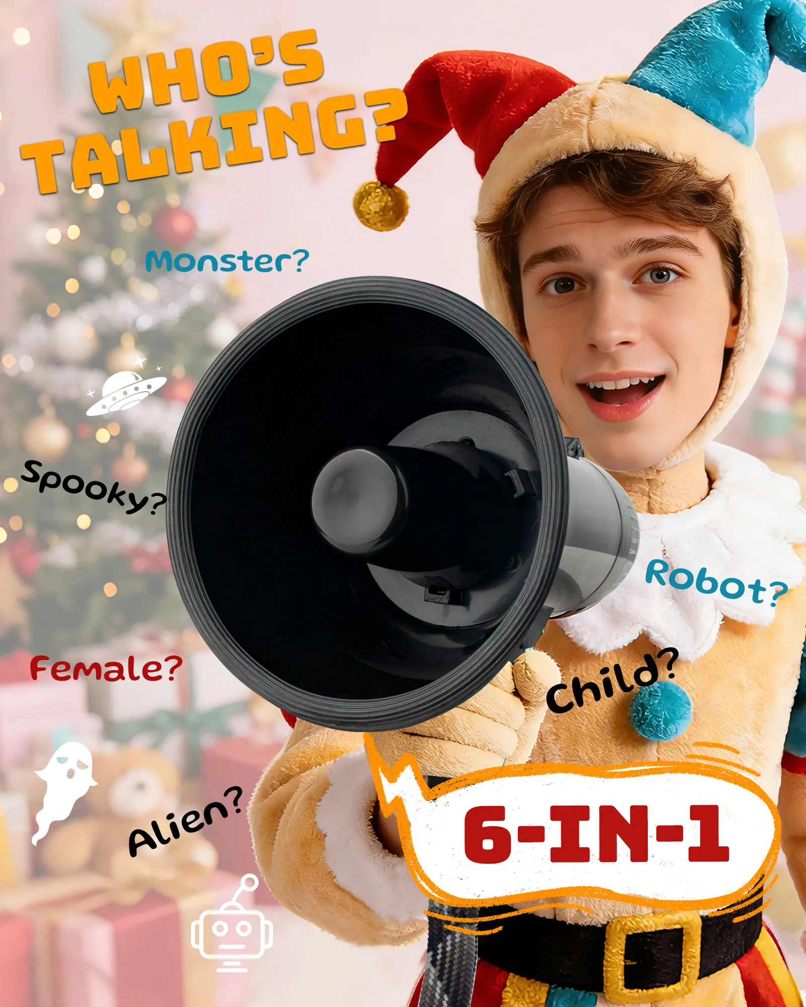 Prank Voice Changer Megaphone with 6 Different Sound Effects Voice Changing Bullhorn for Birthday Party, White Elephant
