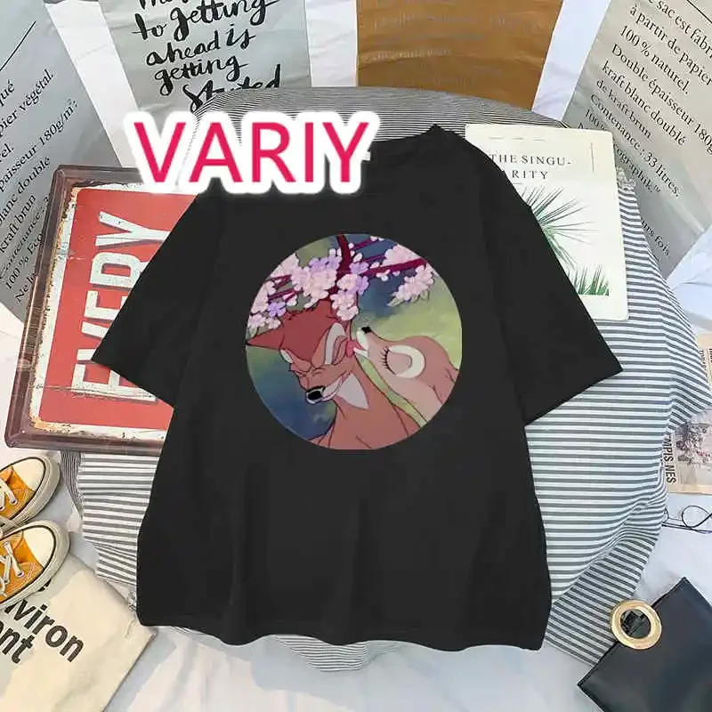 Women Funny Bambi and Bunny Print Girl Top Graphic Tee Shirt Harajuku T Shirt Female Basic Tees Cute Cartoon Short Sleeve