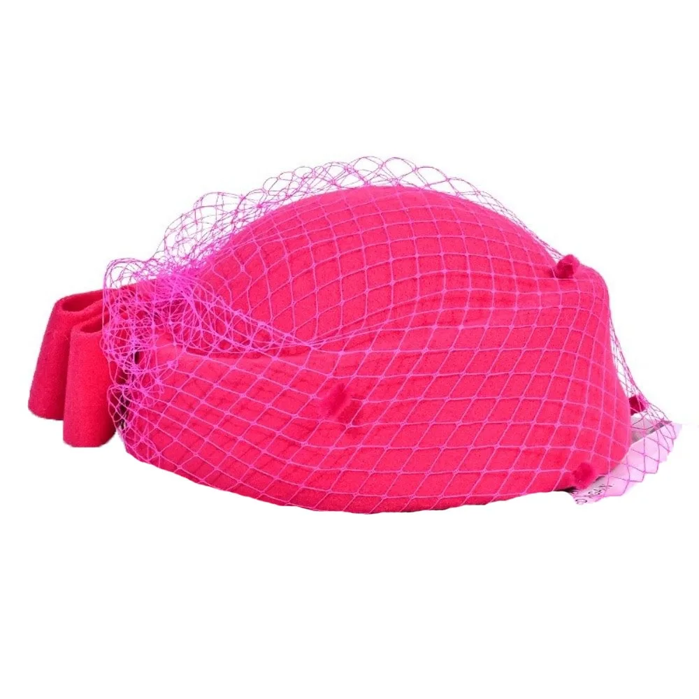 

Jazz Hat Mesh Wool Bow Hat with Veil Solid Color British Style Pillbox Hat Woolen Warm Topper Hat Autumn Winter