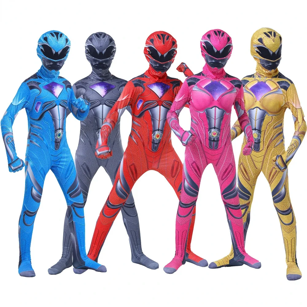 Fancy Kids Superhero Power Zentai Rangers Cosplay Costume Children Mecha Five Beast Jumpsuit Halloween Carnival Clothes for Boys