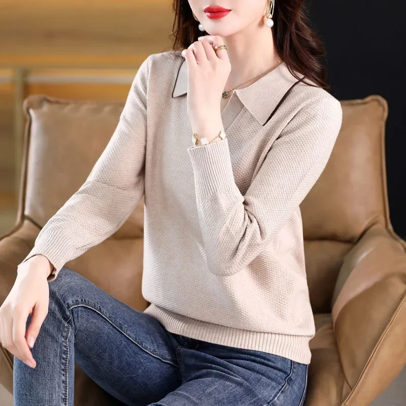 

Women Sweater Long Sleeve Top Knitted Pullover POLO Collar Fashion Sweater Woman Winter Basic Female Clothing Soild OL Sweater