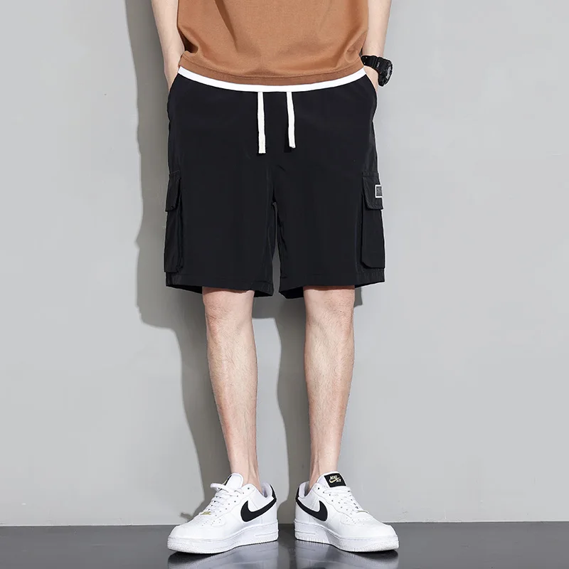 Safari Style Solid Color Knee Pants Summer Sports Stylish Pockets Spliced Men's Clothing Young Style Drawstring Casual Shorts