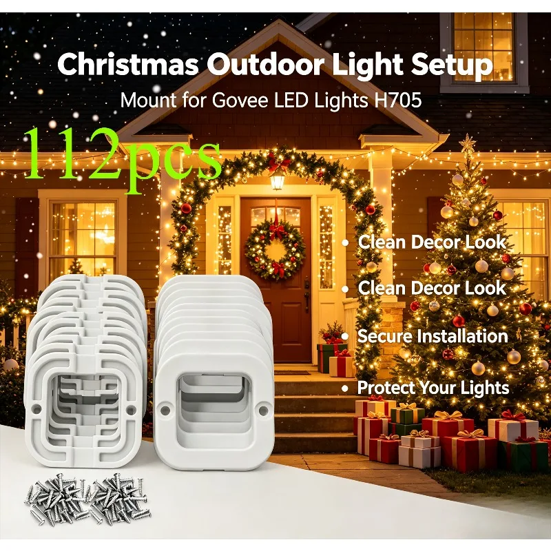 112Pcs Outdoor LED Light Protective Mounting Clips with Screws, Compatible with H705, Christmas Holiday Eaves Lighting Decor