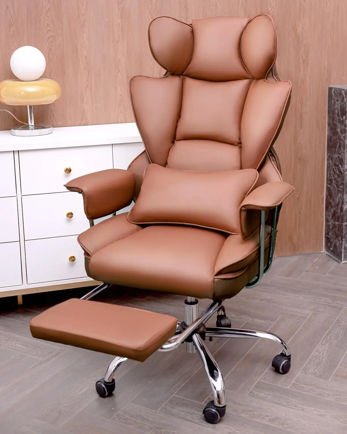 Office Desk Chair, Big and Tall Executive Office Chair with Footrest, Leather Computer Chair, Reclining Chair High Back (Brown)