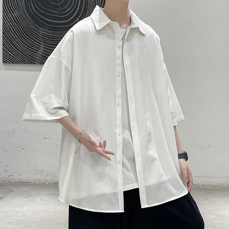 Summer Ice Silk Solid Shirts For Men Clothing Korean Style Mens Streetwear Shirt Classic Basic Short Sleeve Blouse Men