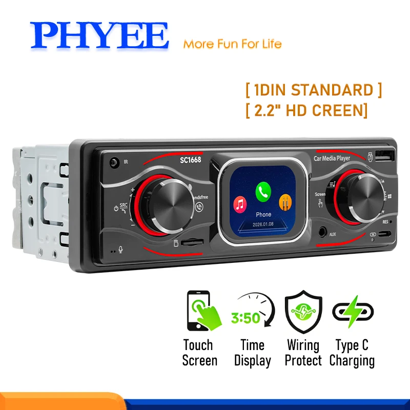 

PHYEE 1 DIN Touch Screen Car Radio Bluetooth, USB MP3 Player, TF Aux-in, FM Receiver, High Power, 7 Color Lighting Head Unit