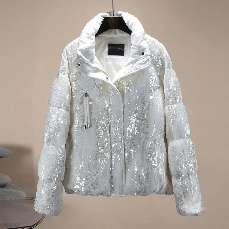 Upscale Sequins Down Cotton Clothes 2022 New Winter Loose Thicken Short Fashion Cotton Coat Miss Keep Warm Padded Jacket