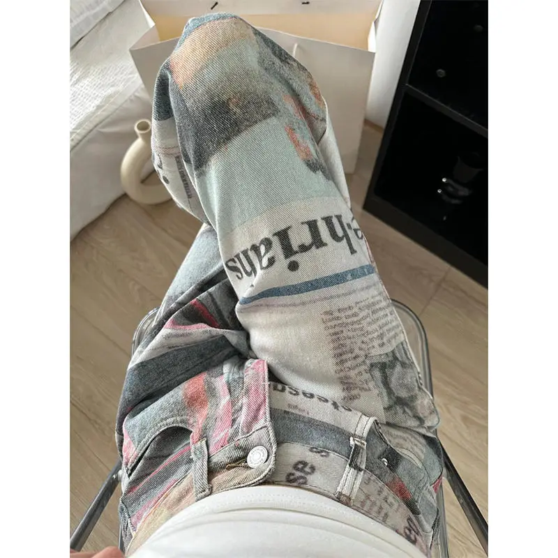 American style high street personalized printed newspaper jeans for men and women summer straight tube loose wide leg pants y2k