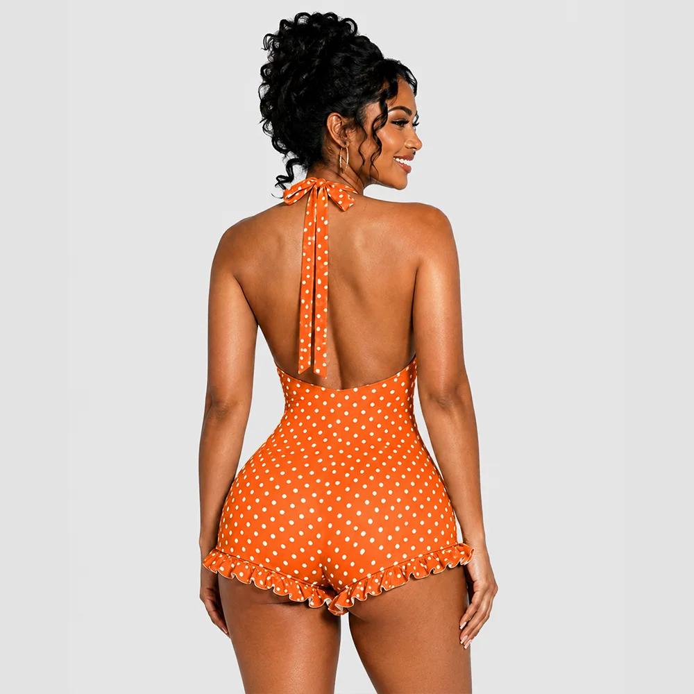 Polka Dot Halter Romper - Sexy Deep V Backless Ruffle Playsuit, Skinny Ruched Streetwear for Women view 6