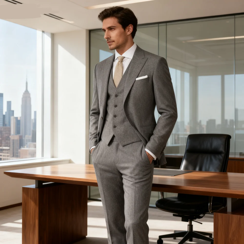 

Элегантный приталенный мужской костюм из трех предметов - два пуговицы, высококачественная деловая свадебная мужская одежда, пиджак, жилет, брюки