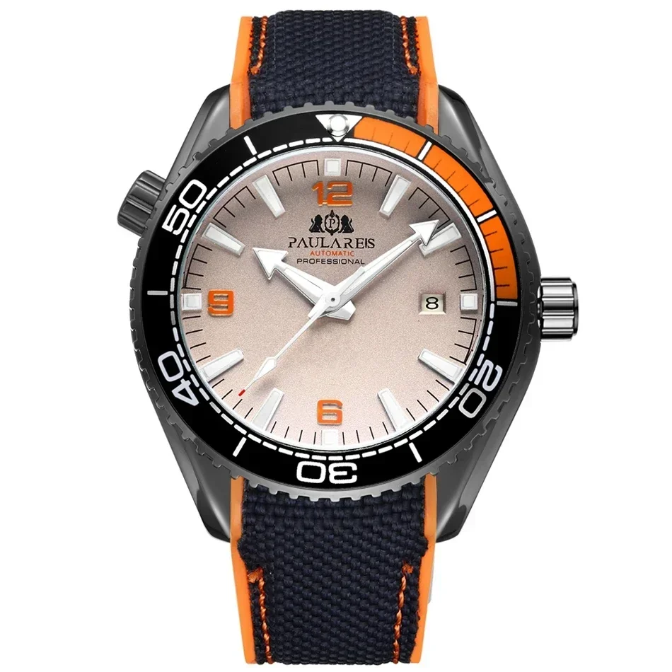 PAULAREIS P Automatische Herrenuhr, mechanisches Selbstaufzugswerk, Canvas-Kautschukarmband, Orange, Blau, Rot, Luxus-Modeuhren 8