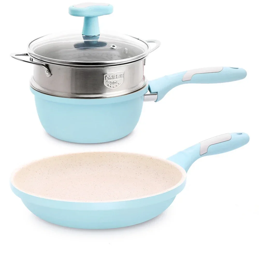 Maifan Stone Kitchen Soup Non-Stick Frying Pan Set  Pot Milk Pan with  Handle Lid Pot Cookware Set Cooking Utensils for Kitchen