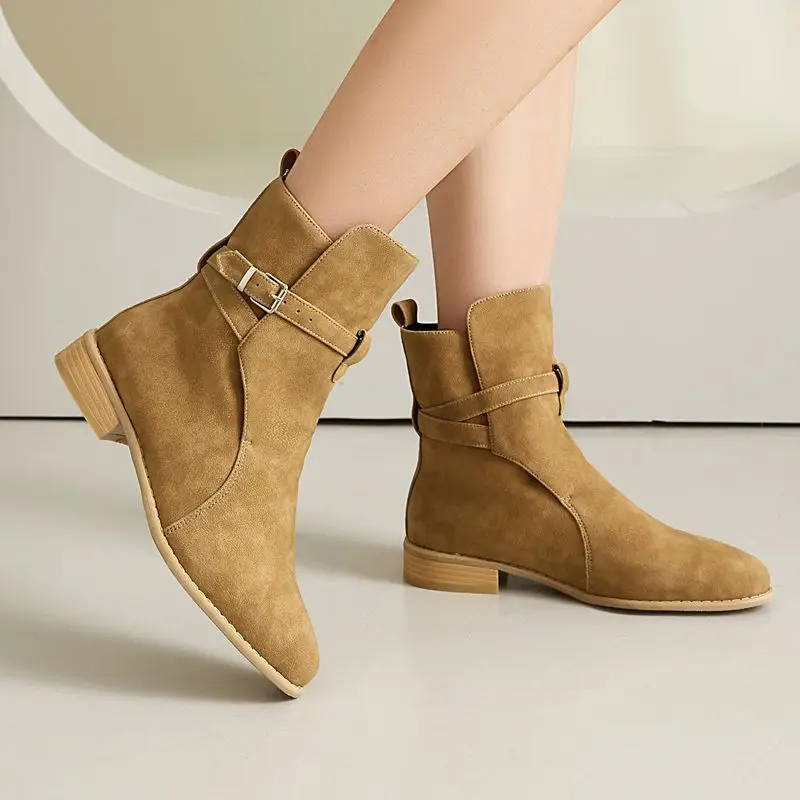 

SIMLOVEYO 2025 Женские ботильоны для отдыха с круглым носком на плоской подошве без шнуровки с пряжкой из флока, замша, большой размер 44 48 49 50, мягкая повседневная одежда