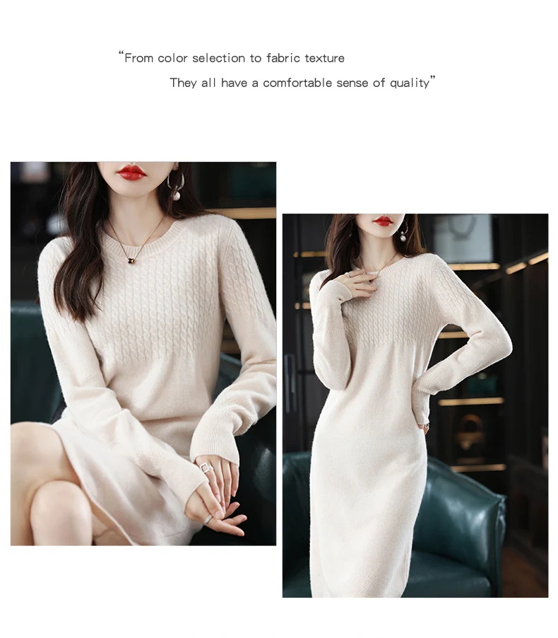 Round Neck Cashmere Dress Women's Long Pullover Sweater Autumn And Winter New Knitted Knee-Length Pure Wool Dress
