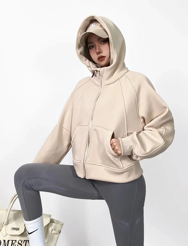 

New autumn and winter plush women's loose zippered hoodie fashion casual short hoodie cardigan Sweatshirt X863