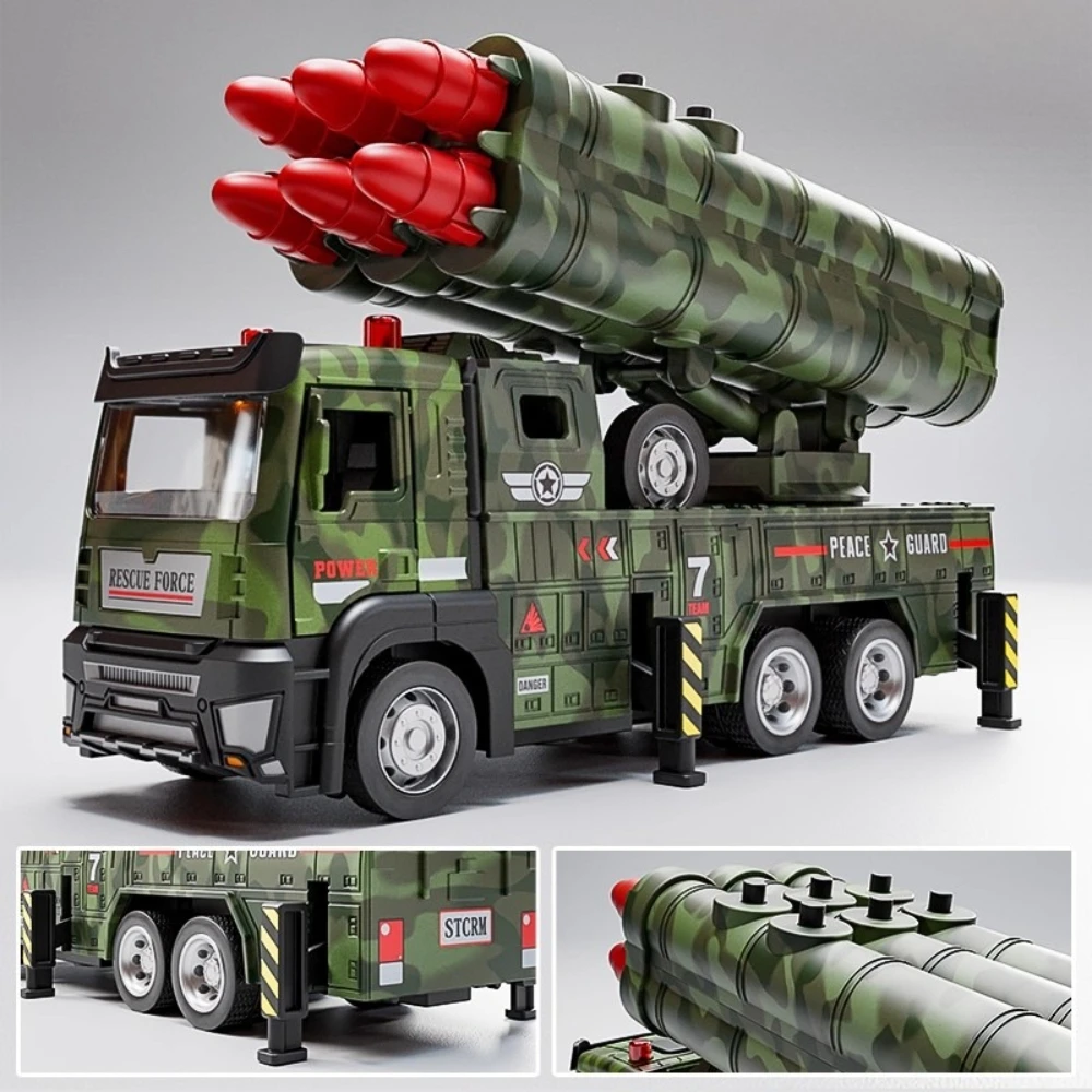 1:32 Missile Rocket Launcher Truck Drone Launch Automodel Speelgoed Militair voertuig Geluid Licht Pull Back Modellen Kindercadeautjes
